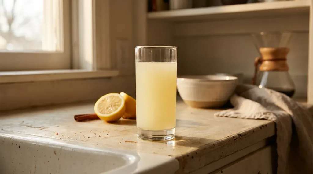 glass of natural GLP-1 drink on kitchen counter in morning light with lemon and cinnamon nearby