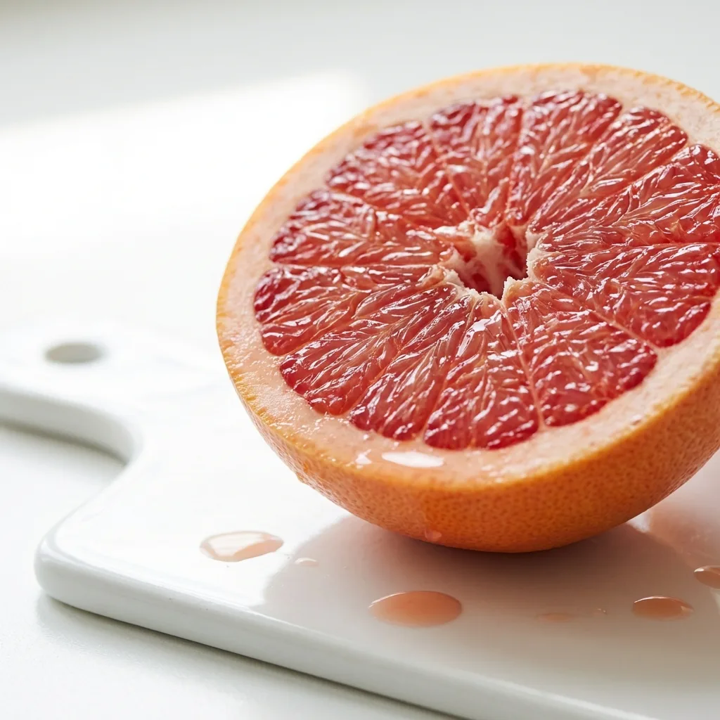 halved pink grapefruit showing vibrant pink segments and juice on white cutting board
