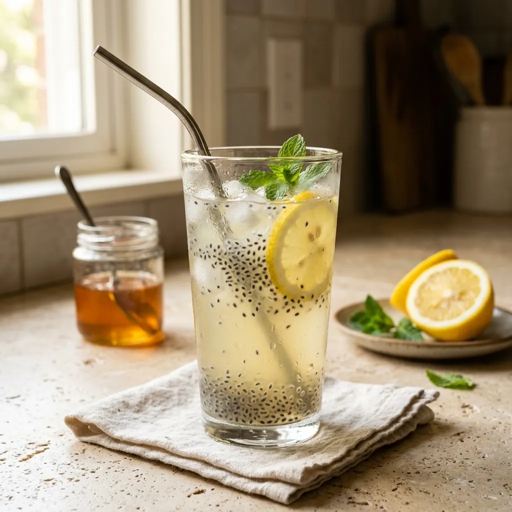 glass of sabja seed lemonade on kitchen counter with lemon and small jar of honey in the background