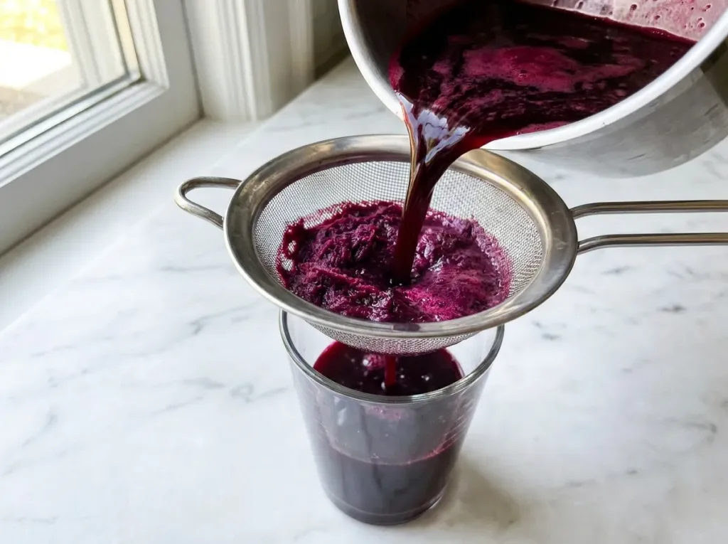 deep purple beetroot celery juice being strained through fine mesh strainer into a clear glass showing blender method