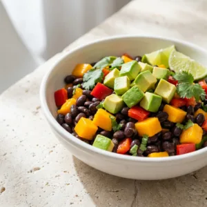 black bean mango satiety salad with diced avocado added on top showing Tuesday avocado variation
