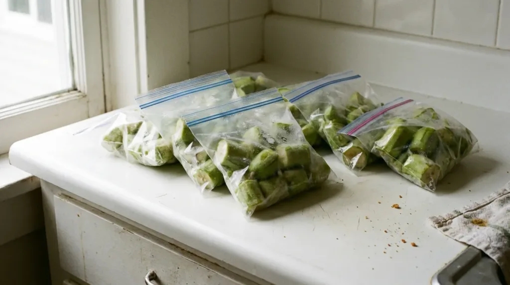 small freezer bags containing portioned frozen green banana chunks for weekly GLP-1 drink meal prep