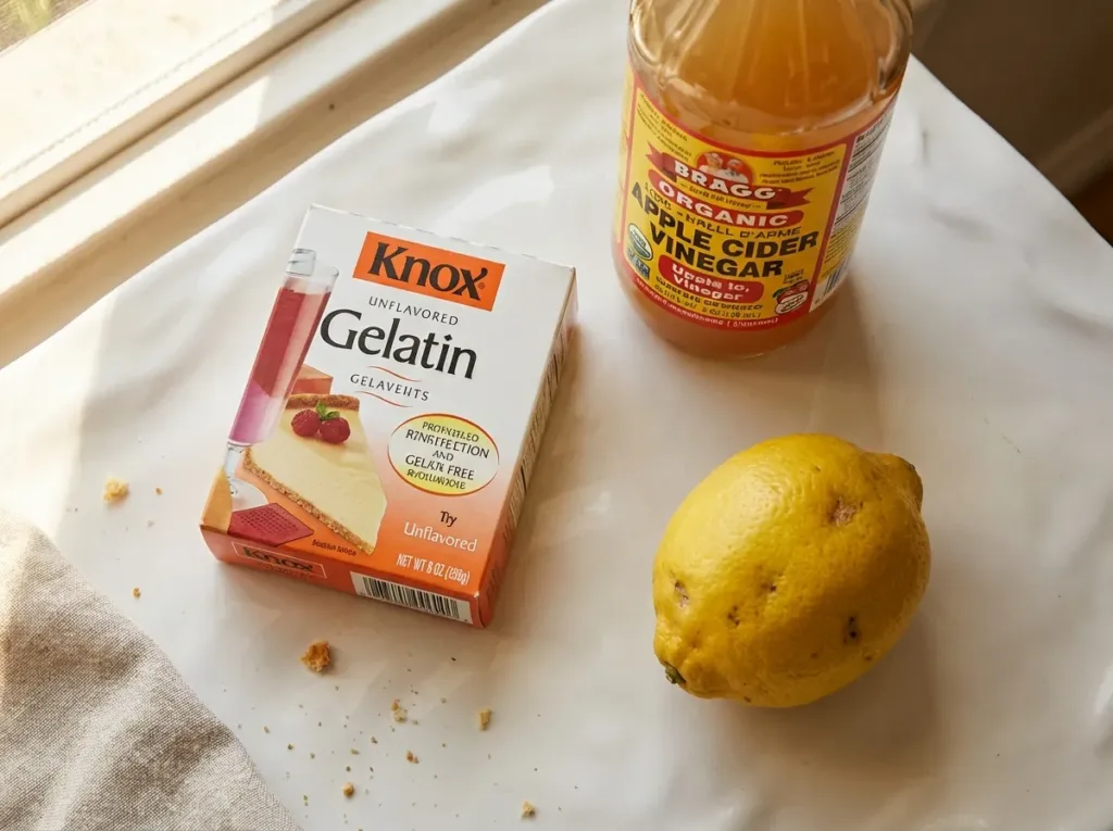 three core ingredients for gelatin acv weight loss drink on white surface including knox gelatin braggs acv and lemon