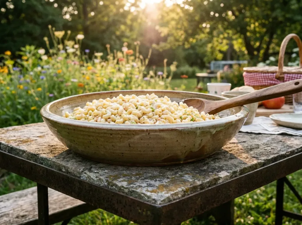 Large bowl of Guy Fieri macaroni salad on a summer cookout table