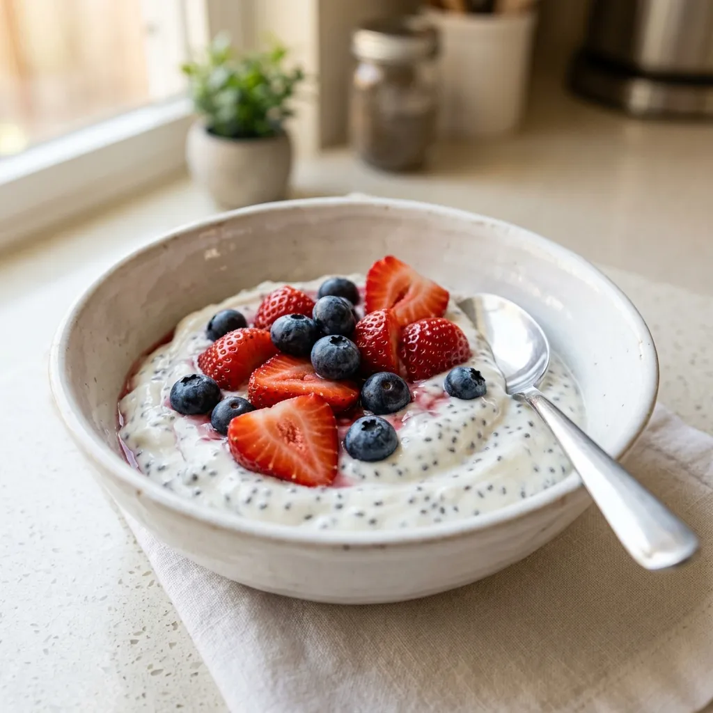 white bowl of Greek yogurt with soaked sabja seeds and fresh berries stirred in for a high protein snack