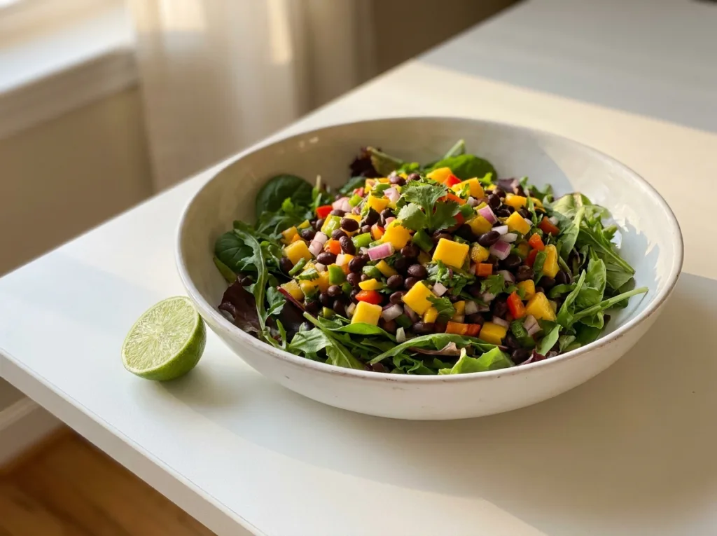 black bean mango satiety salad served over bed of mixed greens in a wide white bowl