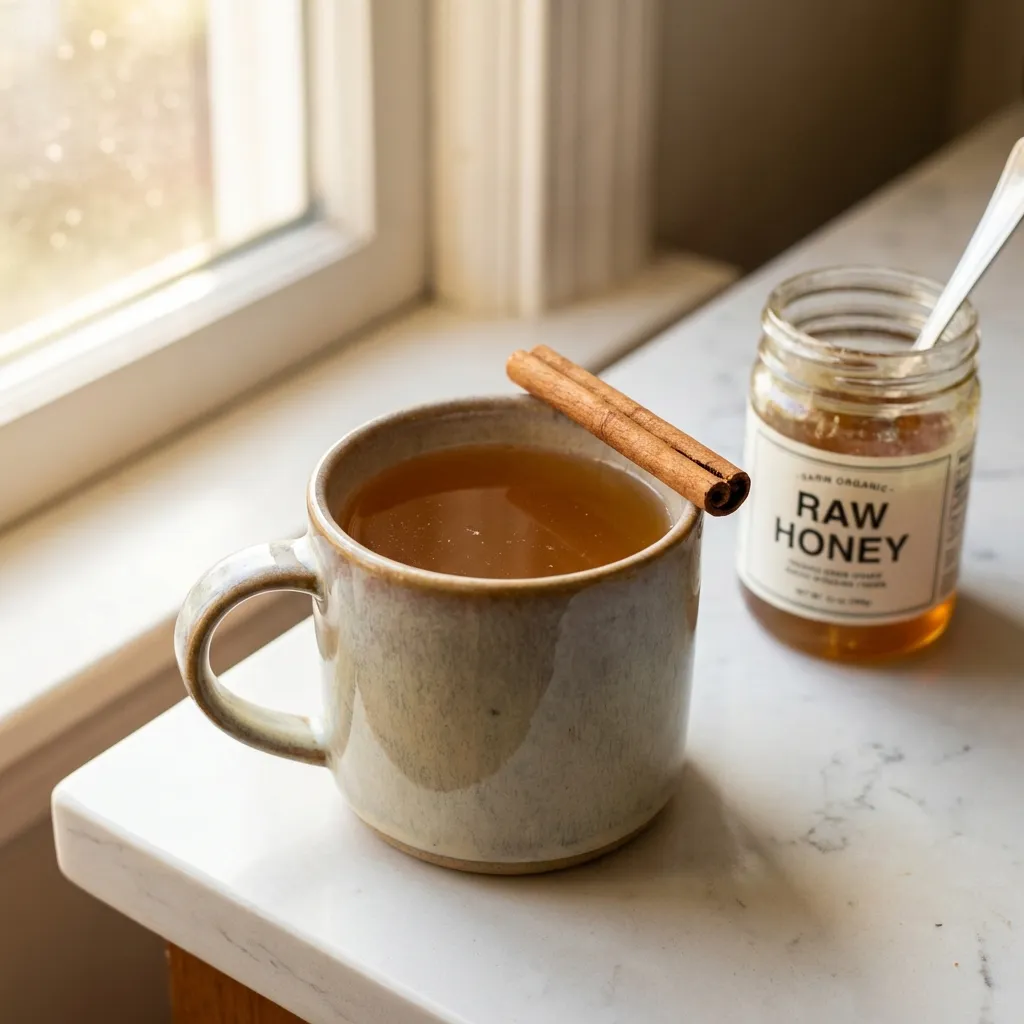 warm mug of gelatin apple cider vinegar drink with cinnamon stick and small honey jar on kitchen counter