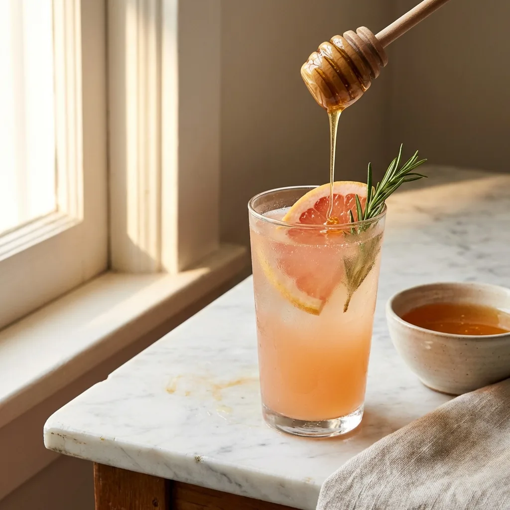 glass of grapefruit apple cider vinegar drink with honey being drizzled in from a honey dipper