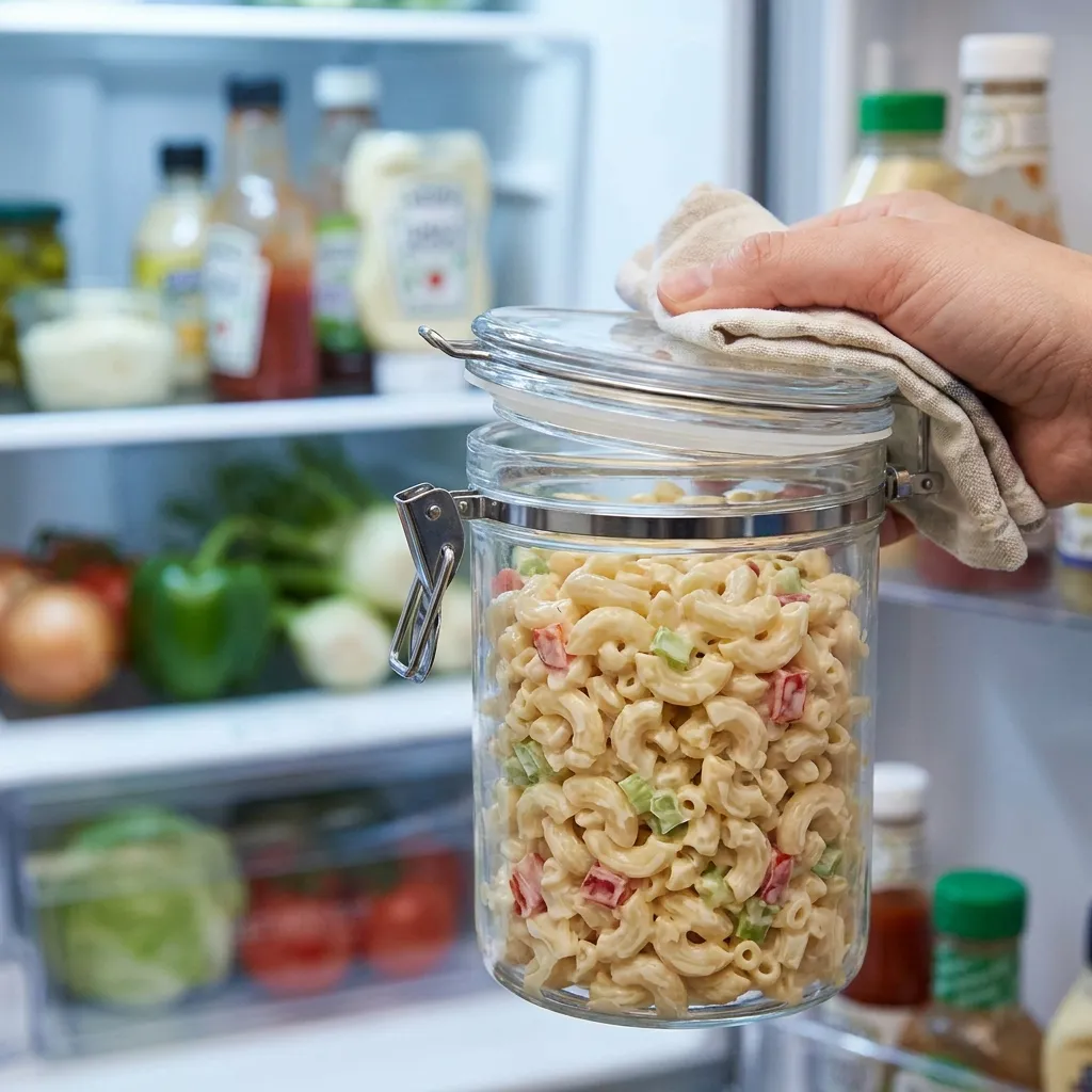 Macaroni salad covered in an airtight container ready for overnight refrigeration