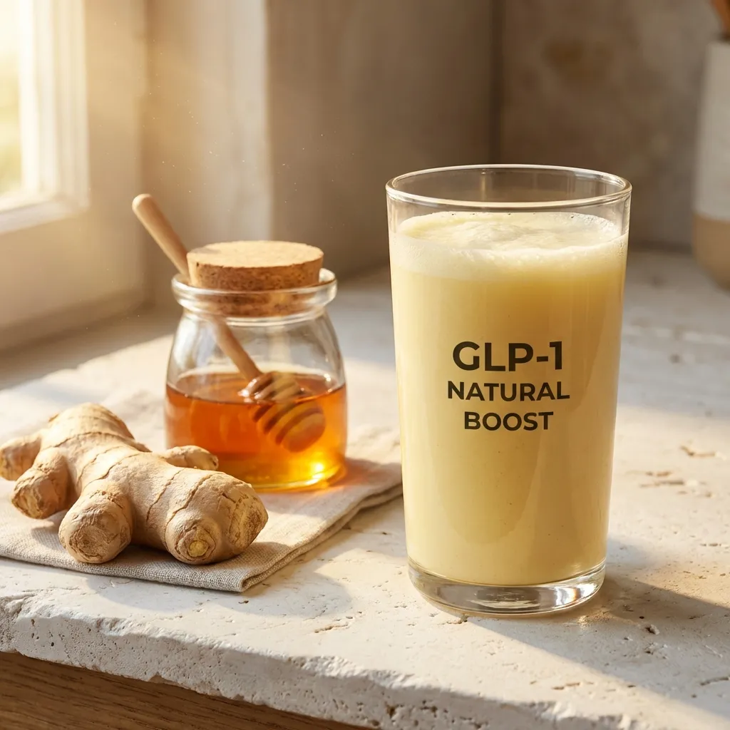 glass of natural GLP-1 drink with fresh ginger root and small honey jar showing optional add-in variations