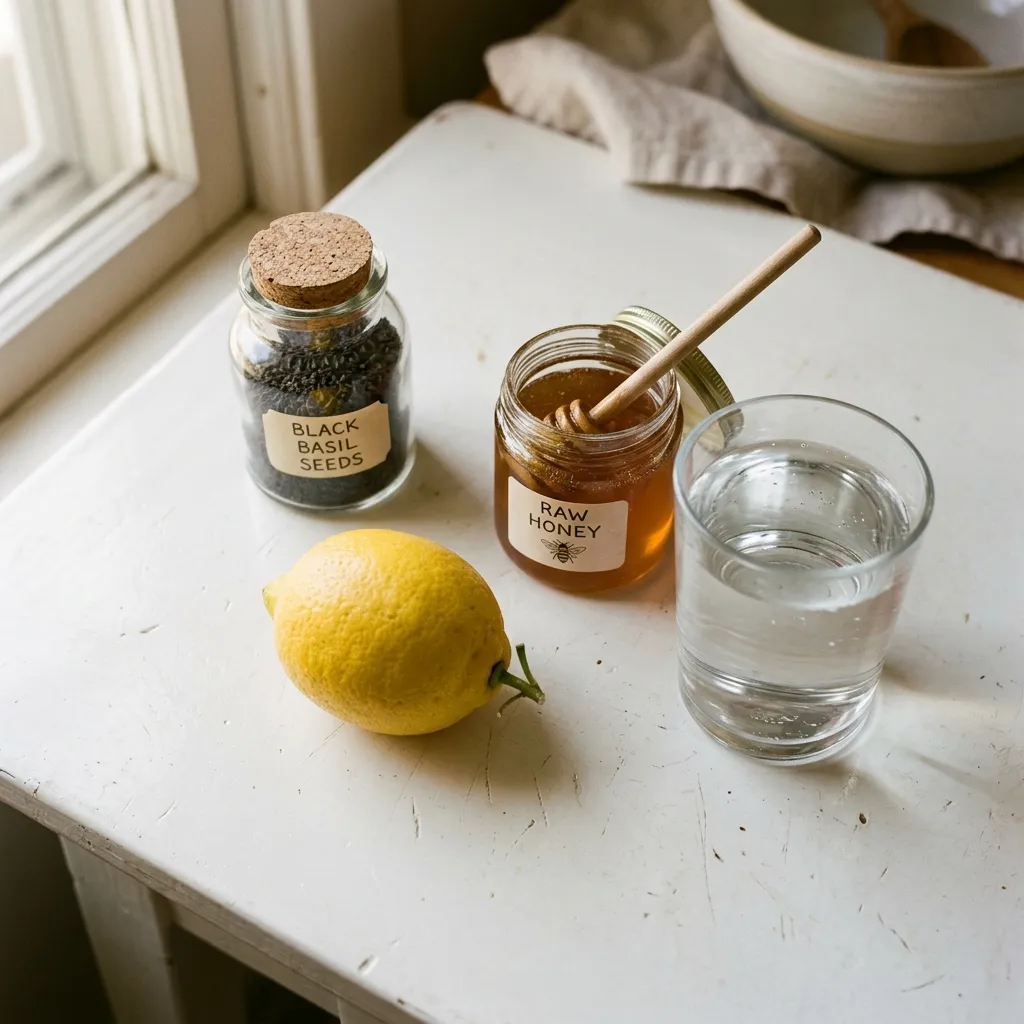 four ingredients for sabja seeds for belly fat drink laid out on white surface including seeds lemon honey and water glass