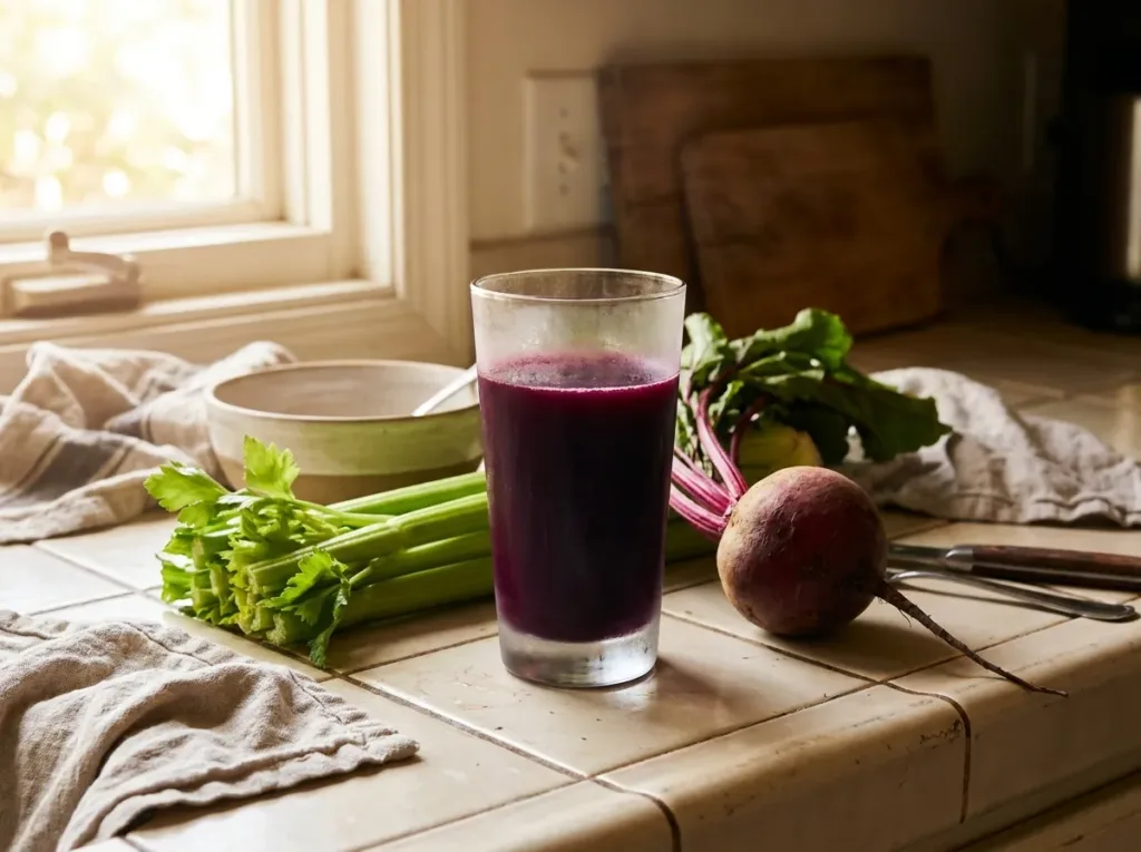 glass of spicy beetroot celery juice on kitchen counter in morning light beside fresh ingredients showing morning routine