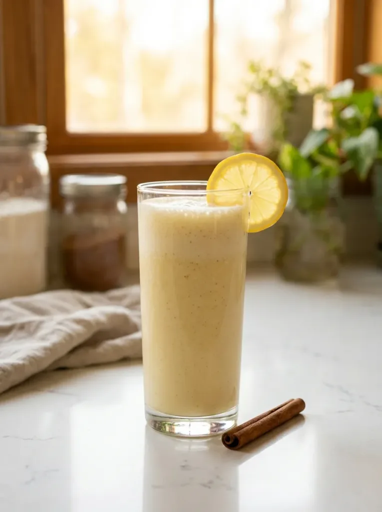 vertical image of natural GLP-1 drink in tall glass with lemon slice and cinnamon for Pinterest sharing