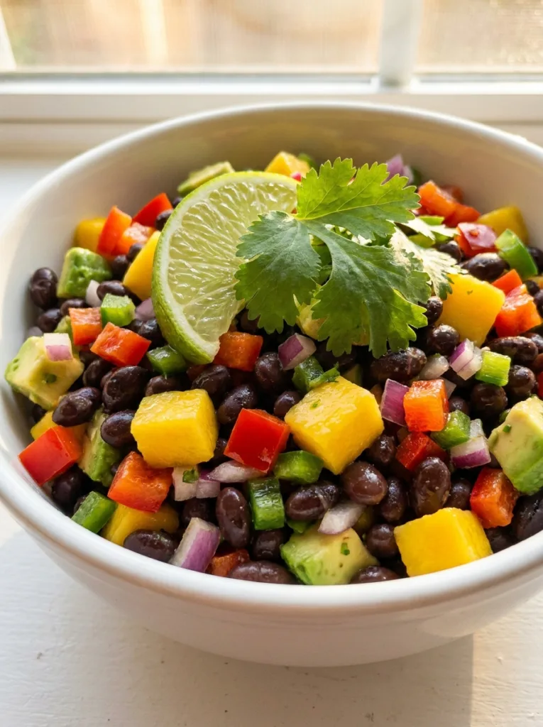 vertical image of black bean mango satiety salad in white bowl with lime and cilantro for Pinterest sharing