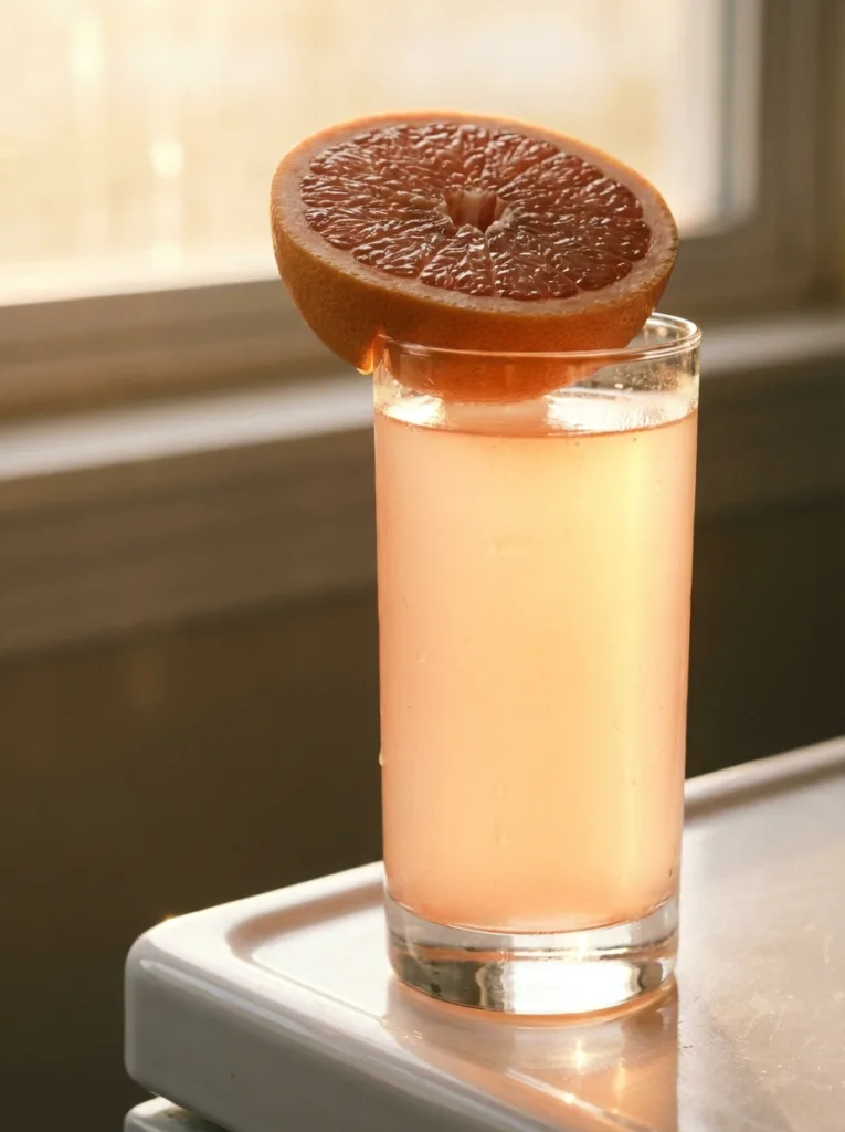 vertical image of grapefruit apple cider vinegar before bed drink in tall glass with grapefruit slice for Pinterest