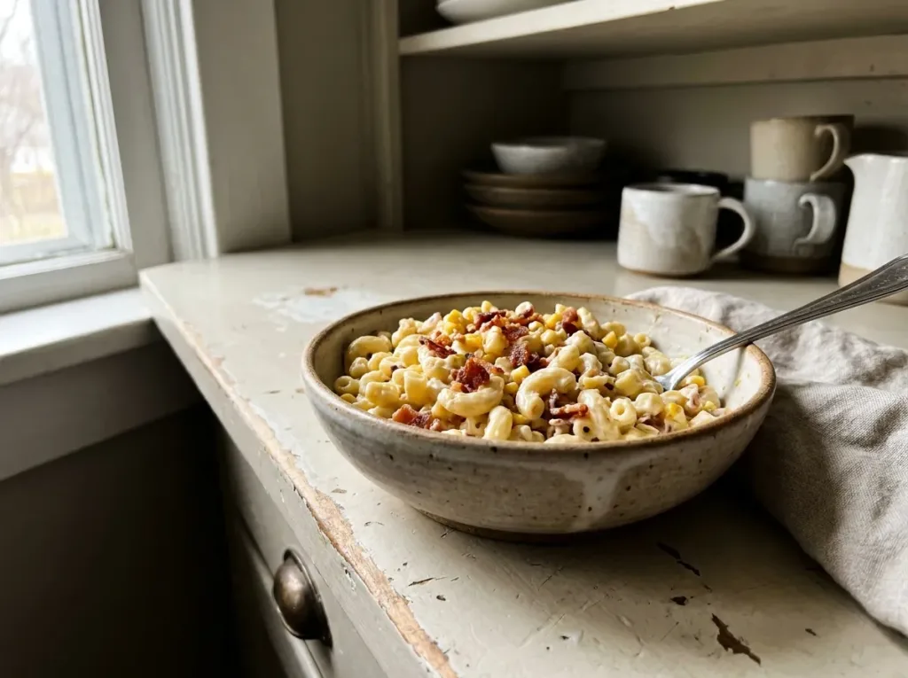 Guy Fieri macaroni salad variation with crumbled bacon and corn served in a bowl