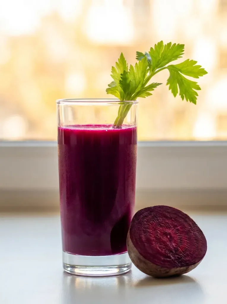 vertical image of spicy beetroot celery juice in tall glass with celery garnish and fresh beet for Pinterest sharing