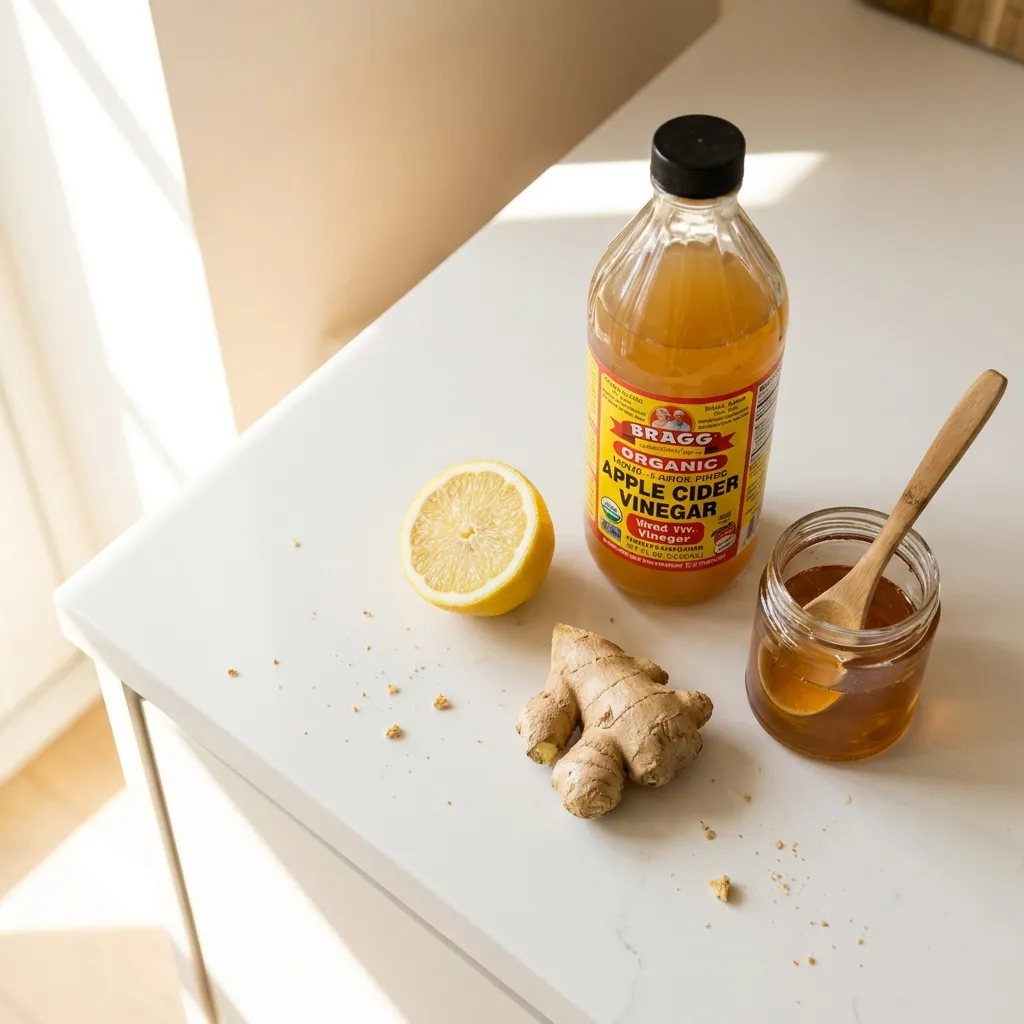 four ingredients for natural mounjaro drink recipe including apple cider vinegar lemon ginger and honey on white surface