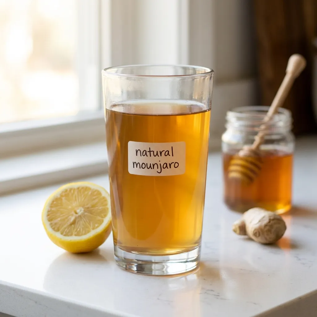 tall clear glass of natural mounjaro drink with lemon slice ginger and honey on white kitchen c