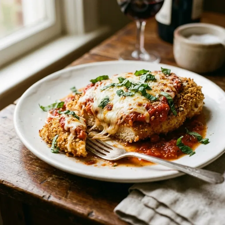 Baked Chicken Parmesan with marinara sauce and cheese on a plate