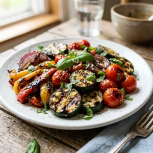 Balsamic grilled vegetables on the barbecue, beautifully charred and vibrant.