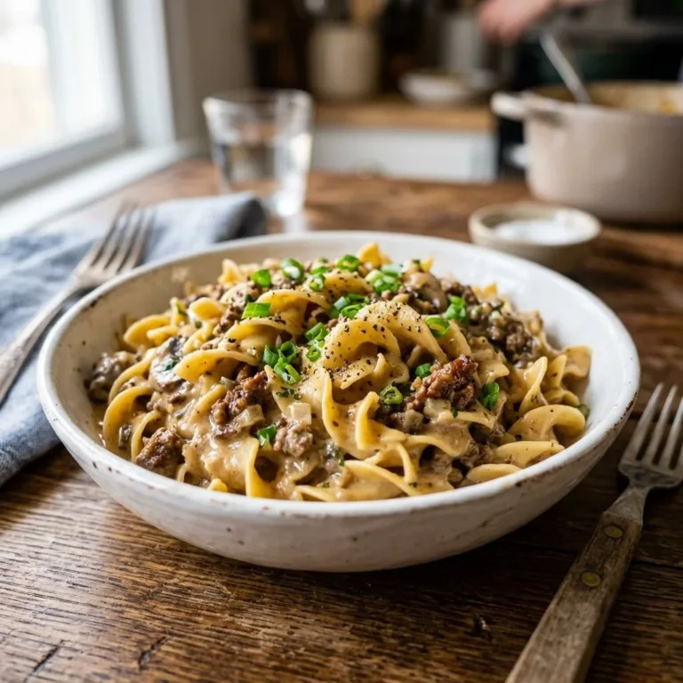Delicious beef noodle casserole with sour cream served in a baking dish
