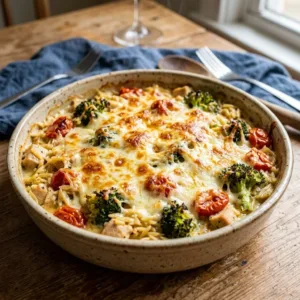 Cheesy Chicken Orzo Casserole topped with melted cheese and herbs