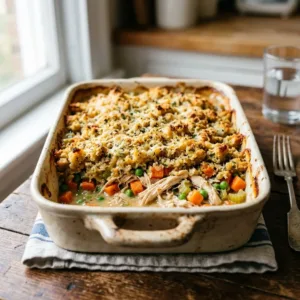 Delicious Chicken and Stuffing Casserole topped with herbs and baked to perfection