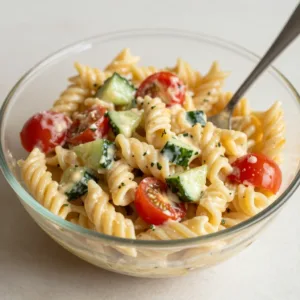Delicious creamy pasta salad served in a cozy setting