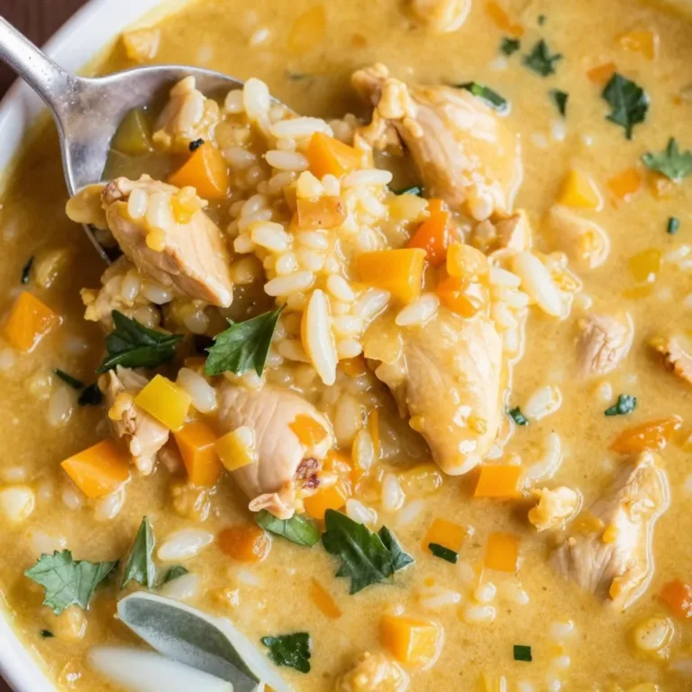 Creamy Turkey Wild Rice Soup with herbs and vegetables in a bowl