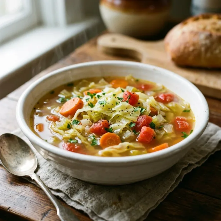 Bowl of Crockpot Cabbage Soup with fresh vegetables and herbs