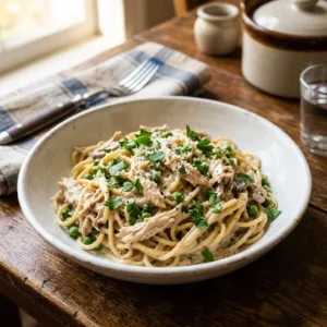 Crockpot Chicken Tetrazzini served in a bowl with vegetables
