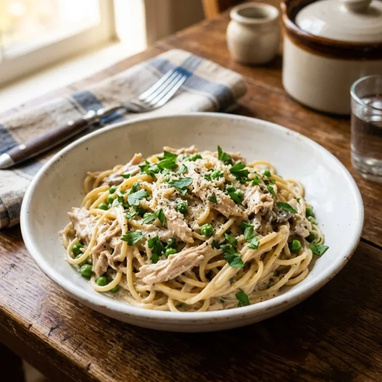 Crockpot Chicken Tetrazzini served in a bowl with vegetables