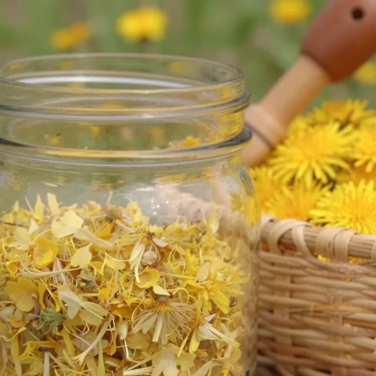 Homemade dandelion flower jelly in a jar with fresh dandelion flowers.