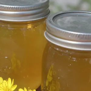 Homemade dandelion flower jelly in a jar with flowers on the side