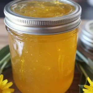 Jar of fresh dandelion jelly with golden color and floral garnish