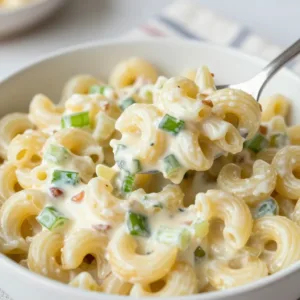 Delicious Dolly Parton-style macaroni salad served in a bowl.