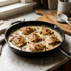 Easy bacon thyme ranch chicken served on a plate with fresh herbs