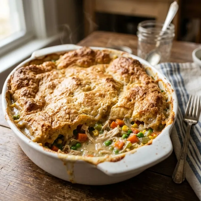 Delicious easy chicken pot pie casserole served in a baking dish