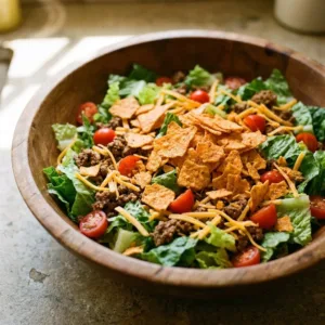 Delicious and colorful Dorito Taco Salad served in a bowl for a cookout side dish.