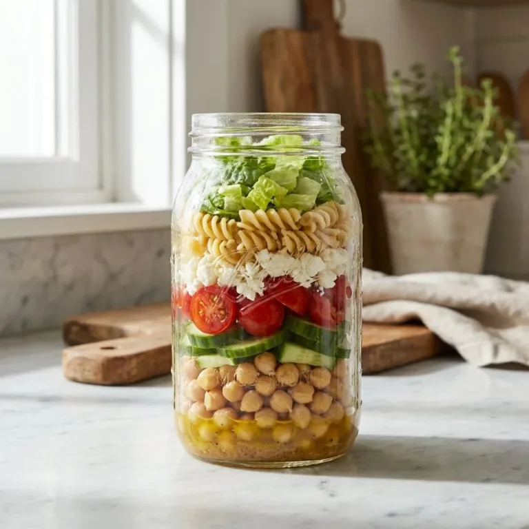 Easy Greek pasta salad jars for meal prep, perfect for office lunches.