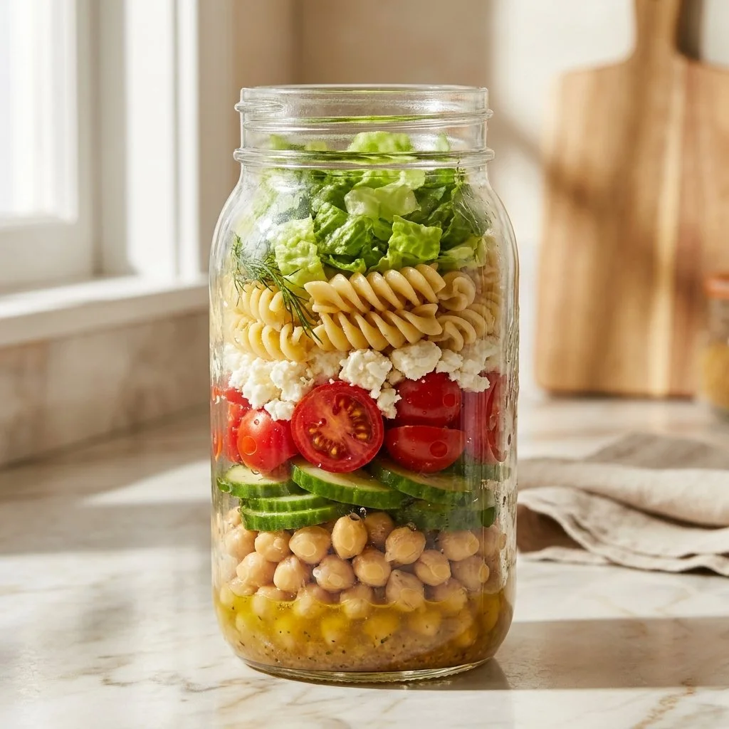 Easy Greek Pasta Salad Jars for Office Meal Prep