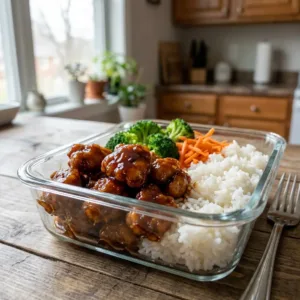 Delicious honey garlic chicken bowls prepared for meal prep in bowls.