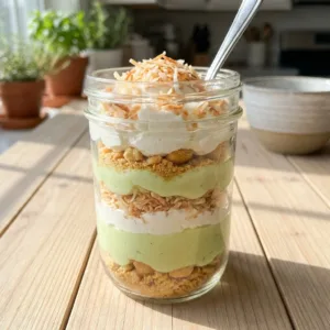 Delicious key lime coconut parfait layered in a glass for summer BBQ treats