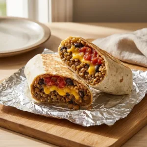 Easy lentil and bean burritos ready to serve with fresh toppings.