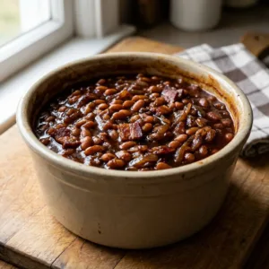 Delicious pit baked beans served at a smoky cookout