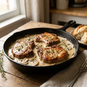 Easy pork chop skillet with vegetables ready for a busy weeknight dinner.