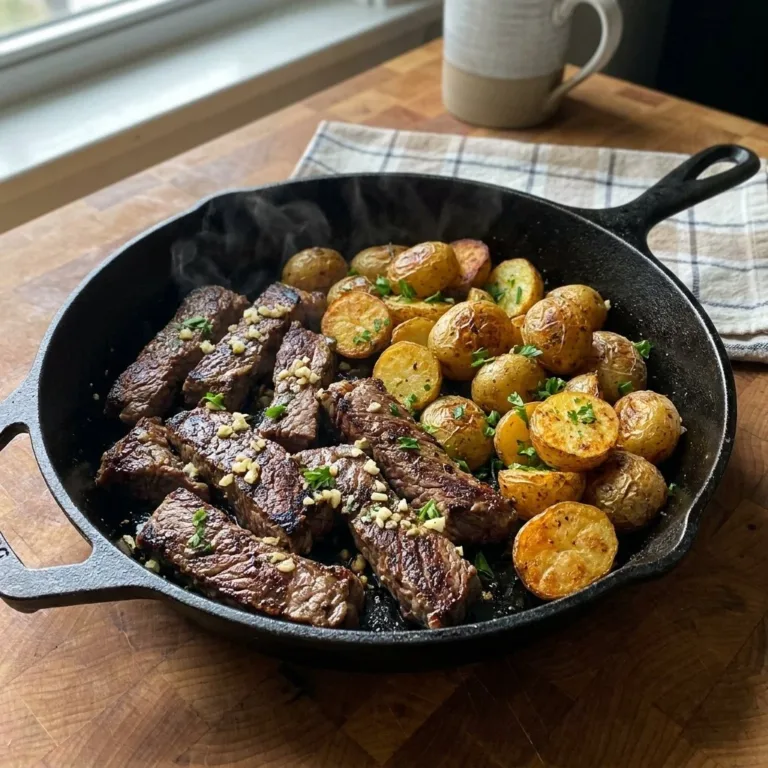 Delicious skillet steak with golden roasted potatoes on a summer evening