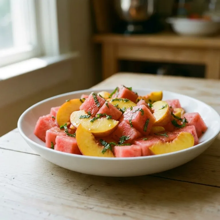 Colorful watermelon and peach salad served in a bowl, perfect summer treat