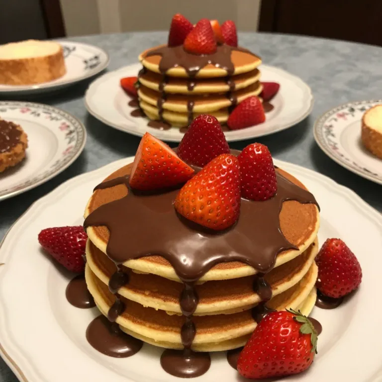 A stack of fluffy Japanese soufflé pancakes served with syrup and berries.